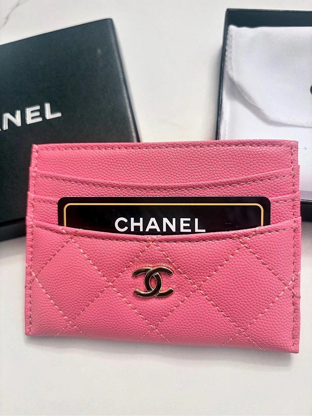 Chanel Quilted Caviar CC Card Holder Pink